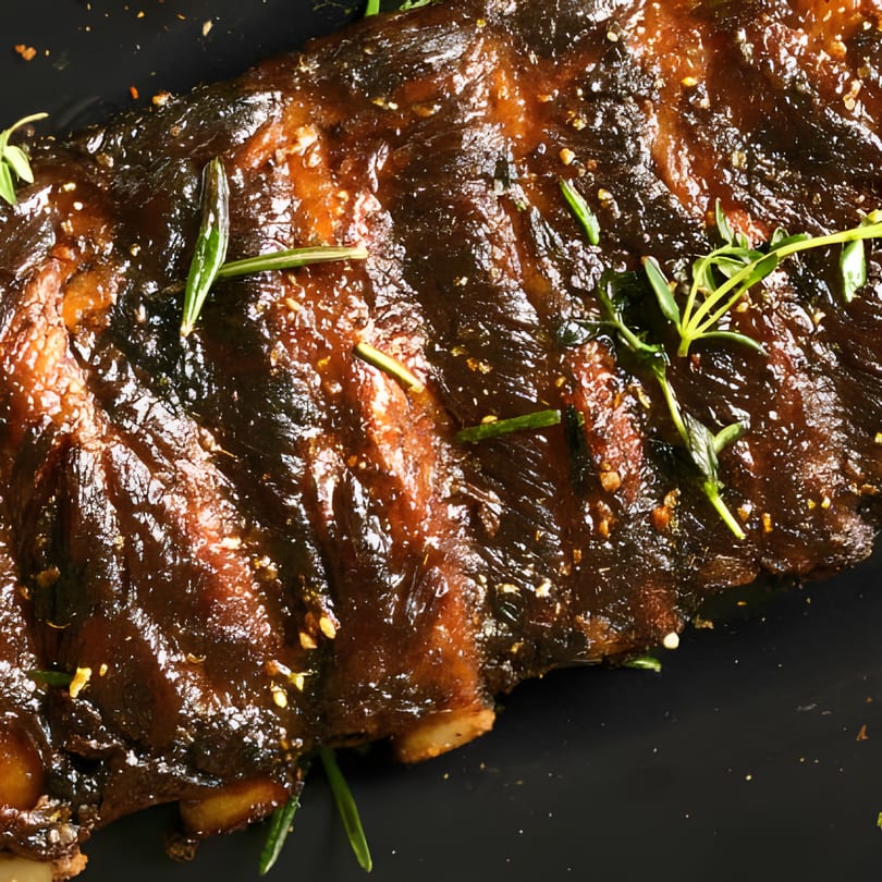 Close-up of Dakari Soul Food's glistening BBQ ribs, garnished with fresh rosemary on a dark plate.